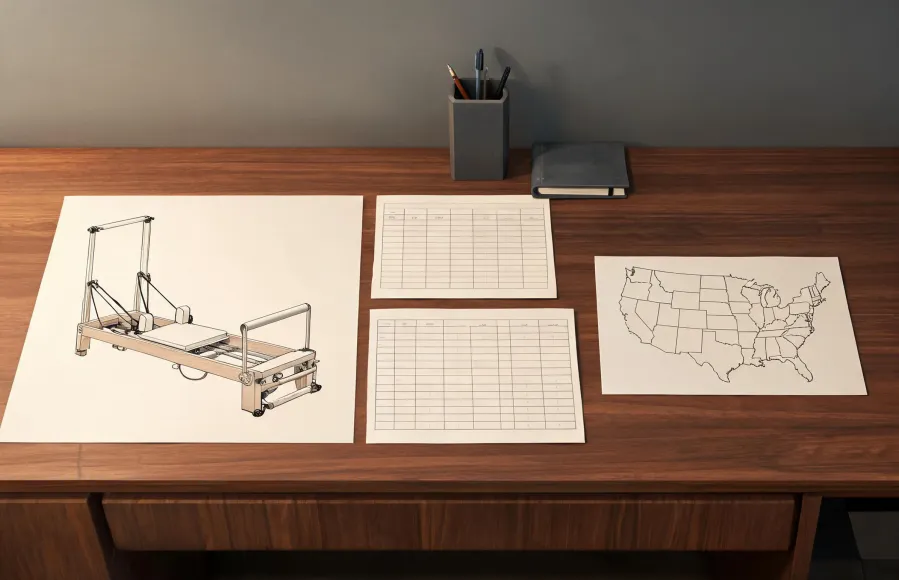Illustrated remote Pilates reformer sourcing coordination desk