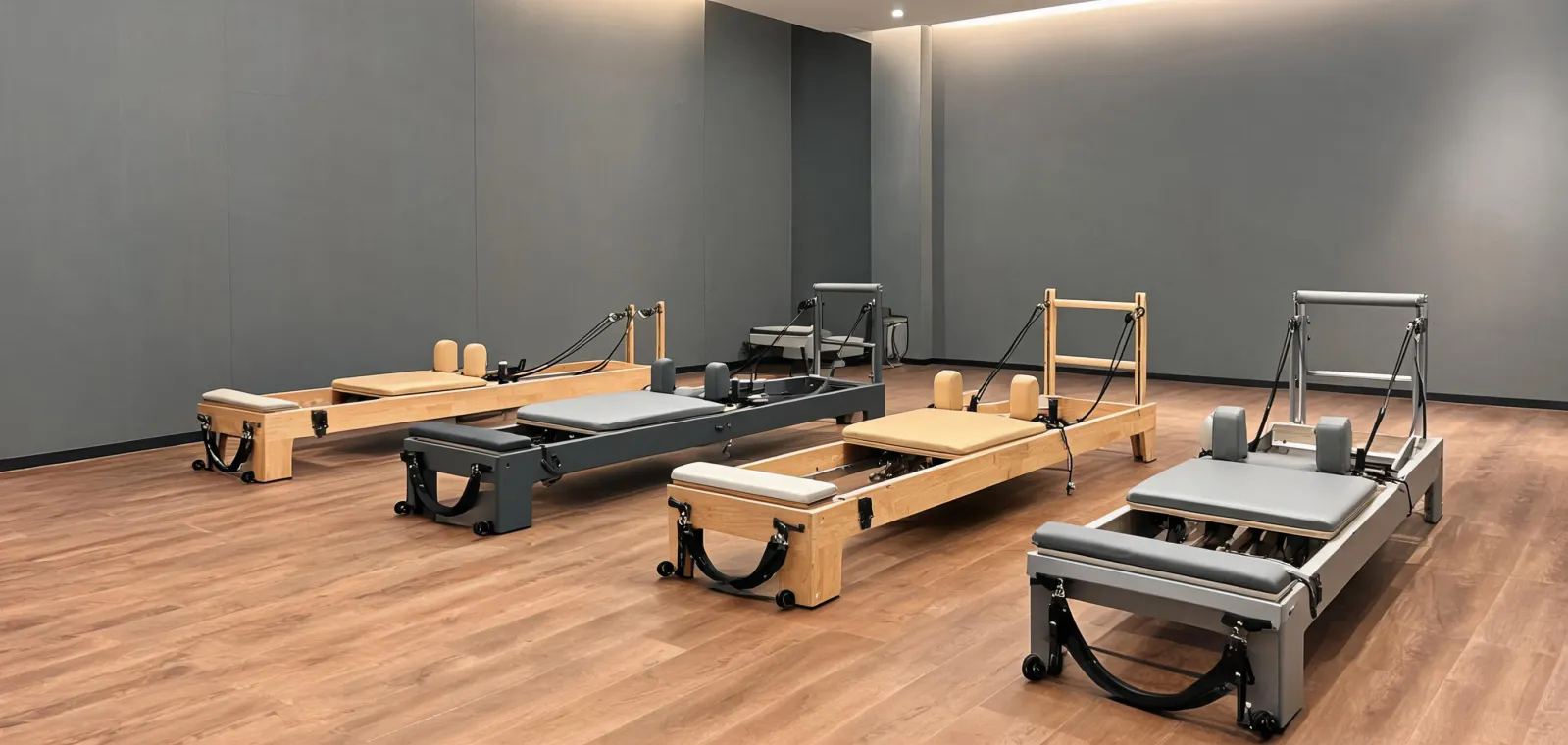 Pilates reformers arranged for a commercial studio and buyer review